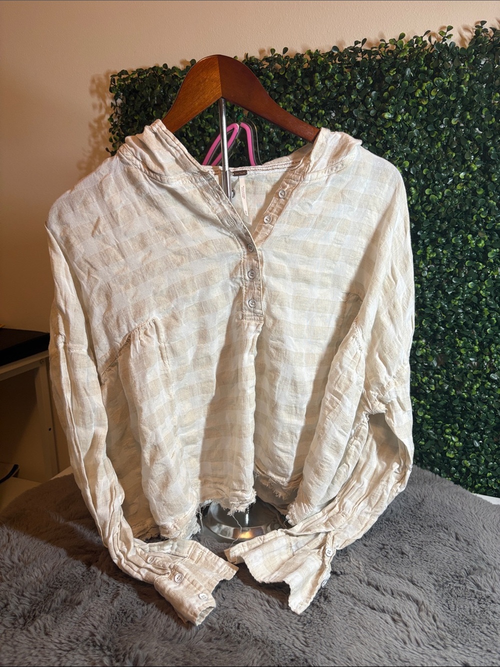 Free People Cream Hooded Button-Front Gingham Long Sleeve Top Size M